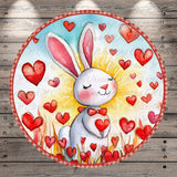 A whimsical illustration of a rabbit surrounded by a field of red hearts, with the rabbit holding a heart in its paws.