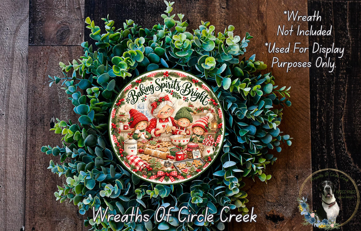 A wreath made of green leaves and a decorative plate featuring a Christmas scene, with the text "Baking Spirits Bright" and "Wreaths of Circle Creek" displayed.