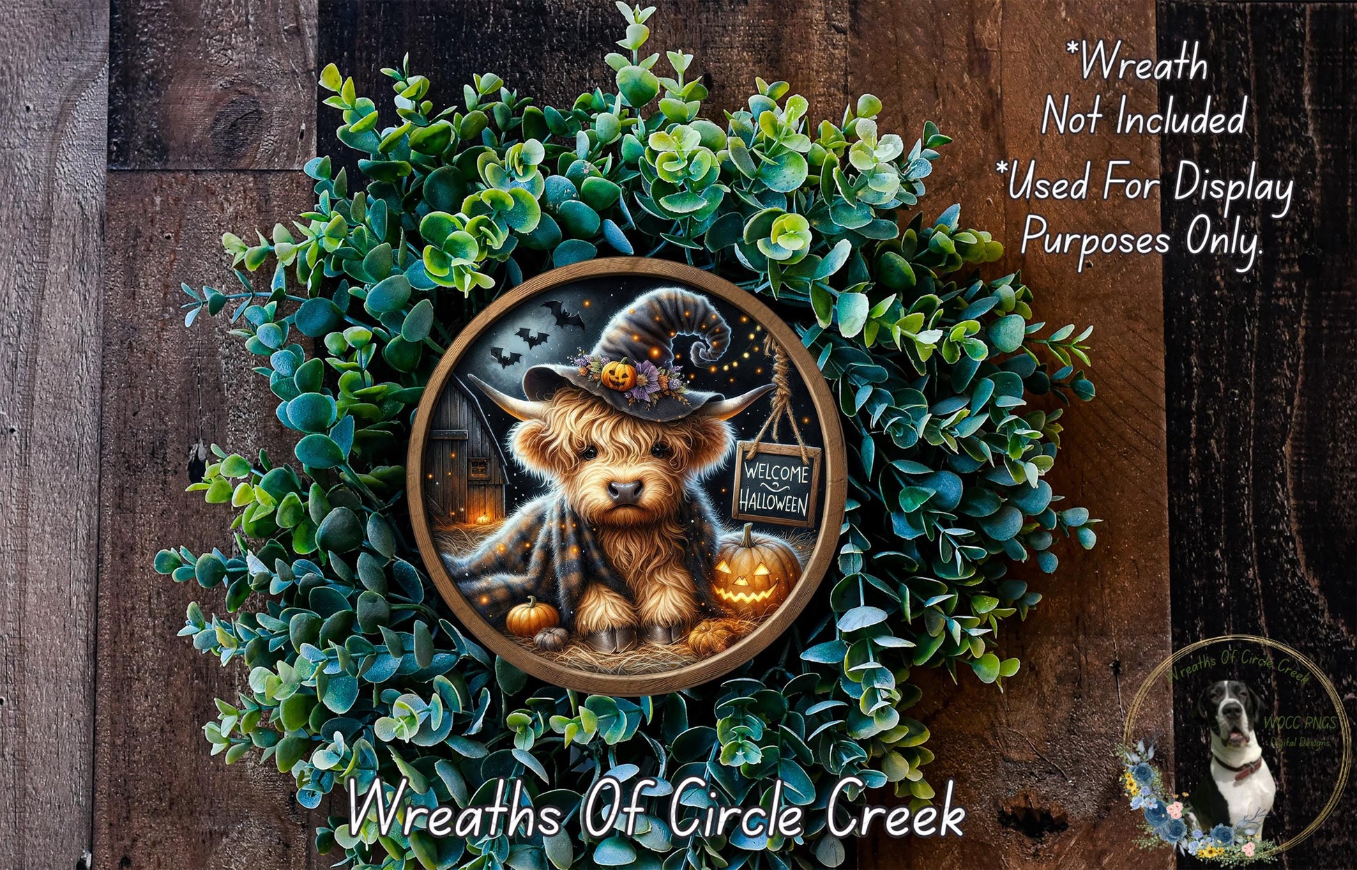 A wreath featuring a cartoon character wearing a witch's hat, surrounded by green foliage and a carved pumpkin. The wreath is displayed on a wooden surface, and there is a text overlay that reads "Welcome Halloween" and "Wreath Not Included Used For Display Purposes Only".