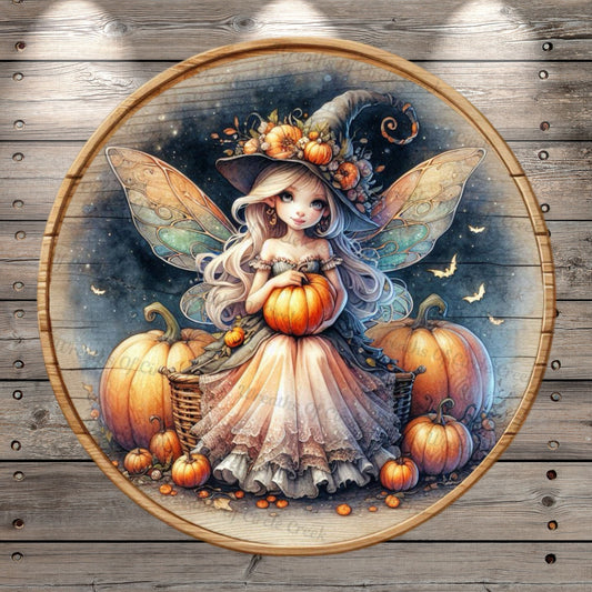 Mystical Fairy, Woodland, Fall, Halloween, Pumpkins, Round UV Coated, Metal, Light Weight, Wreath Sign, No Holes In Sign