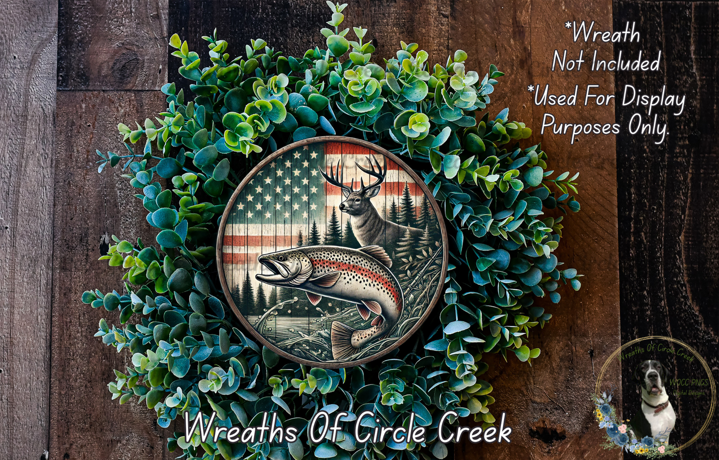 USA Deer Trout Design | Fishing, Hunting, Outdoor Decor | Lightweight Round Metal Wreath Sign | No Holes in Sign