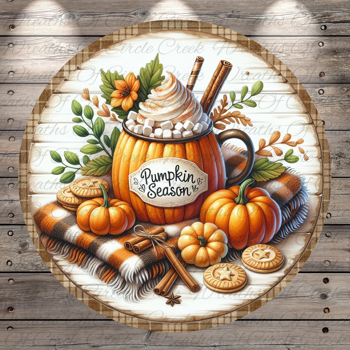 A round wooden sign with a pumpkin-themed design, featuring a pumpkin-shaped mug filled with whipped cream and marshmallows, surrounded by autumn-themed items such as pumpkins, cookies, and cinnamon sticks.