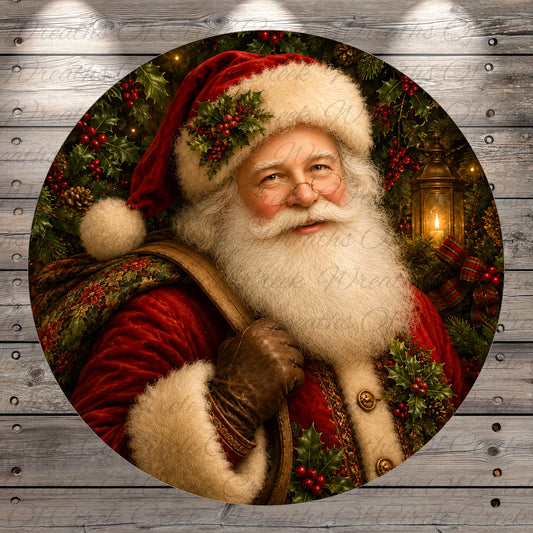 A close-up portrait of Santa Claus wearing his traditional red suit and hat, surrounded by festive holiday decorations such as berries, holly, and a lantern.