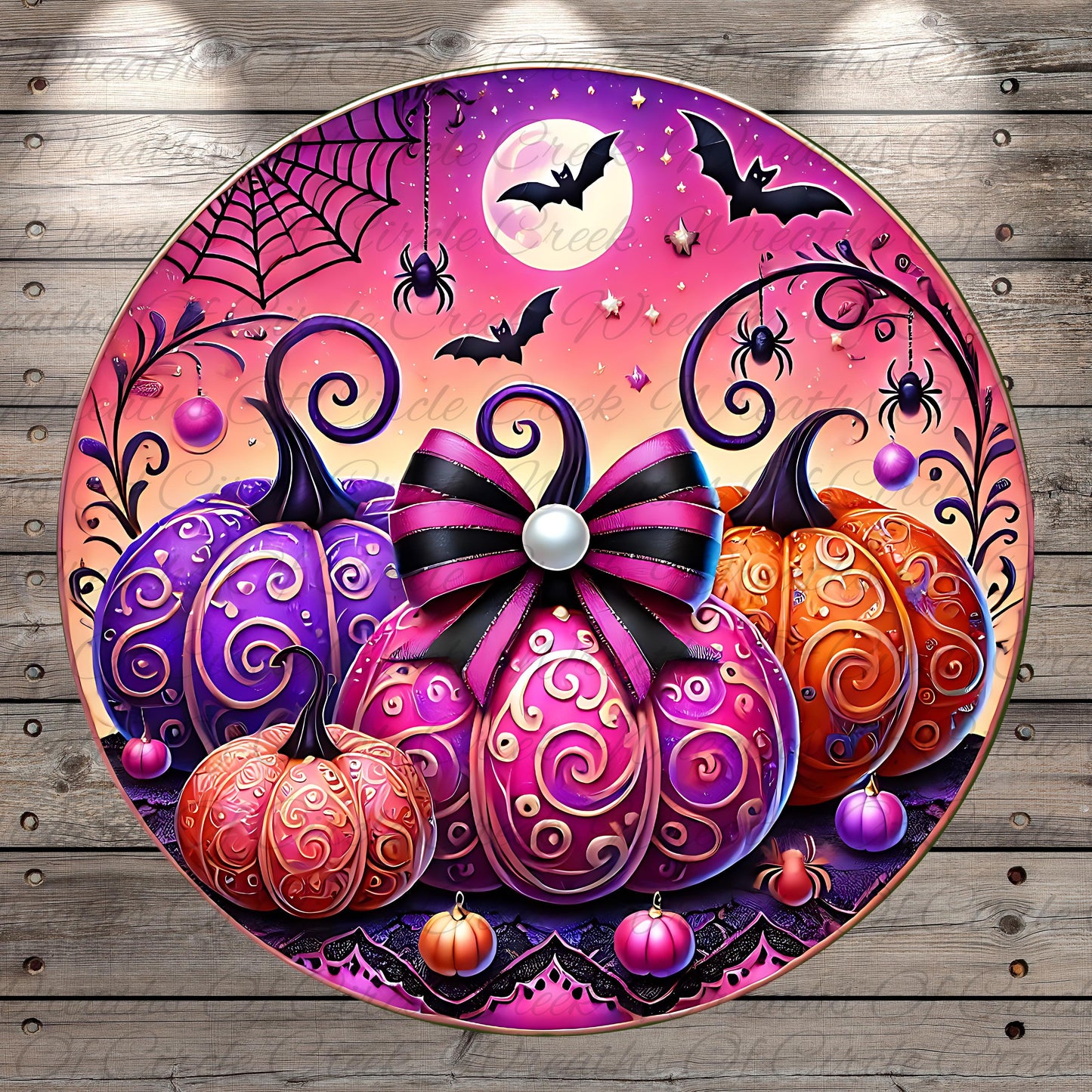 A vibrant and whimsical Halloween-themed illustration featuring a full moon, bats, a spider web, and pumpkins adorned with bows and ornaments.