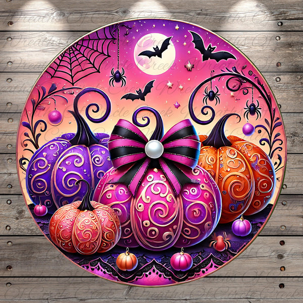 A vibrant and whimsical Halloween-themed illustration featuring a full moon, bats, a spider web, and pumpkins adorned with bows and ornaments.