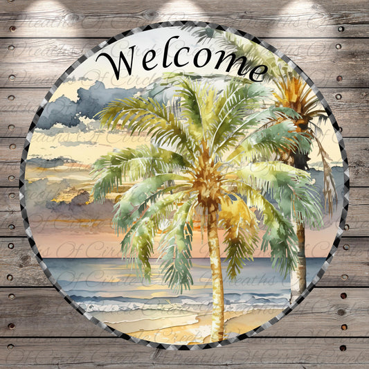 A circular frame with a tropical beach scene, featuring palm trees, a sunset, and the word "Welcome" written on it.