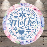 a circular design with a floral pattern and the text "Beautiful, Graceful, Mother" written in a decorative font.