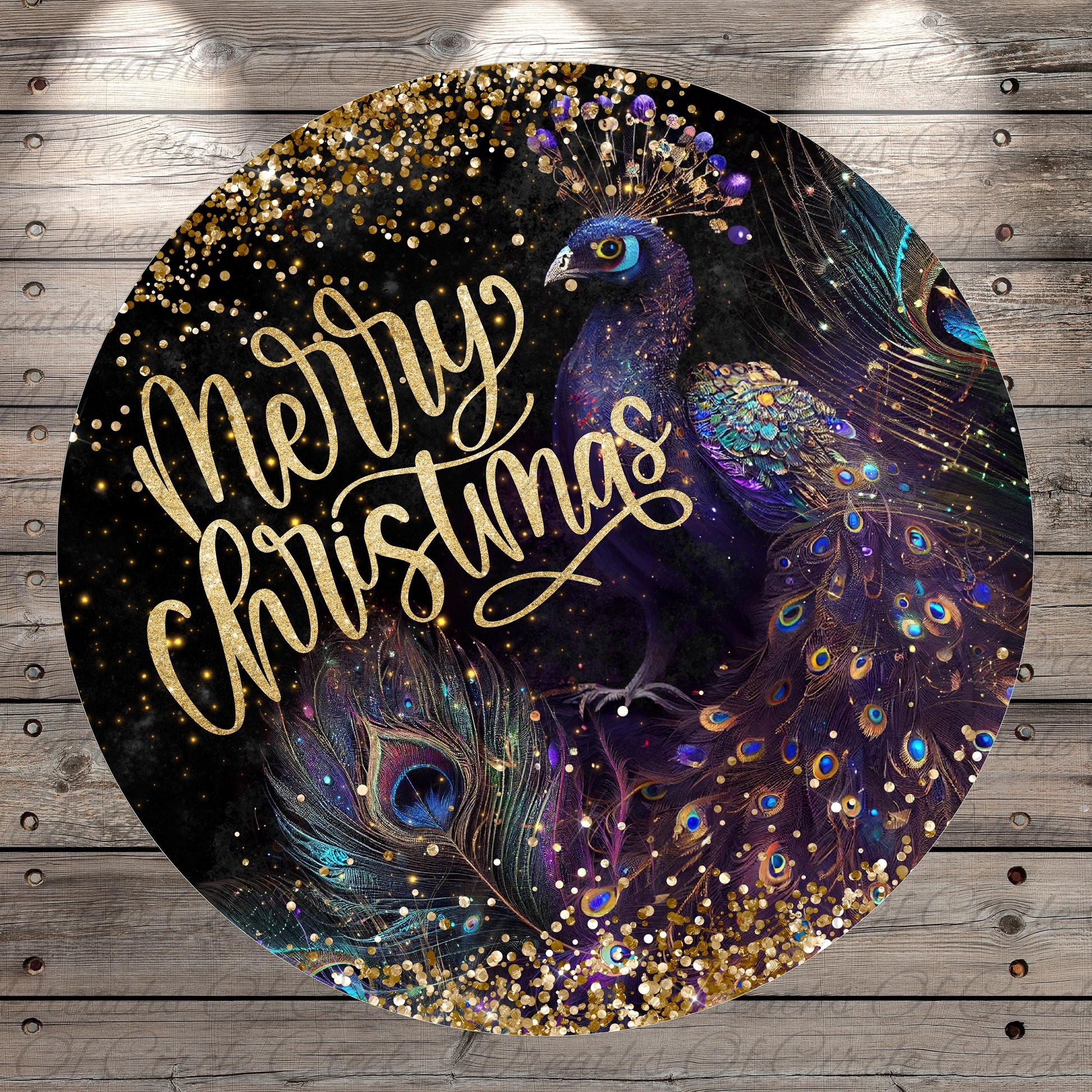 A circular design featuring a peacock with its vibrant feathers and the text "Merry Christmas" written in gold cursive.