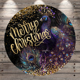 A circular design featuring a peacock with its vibrant feathers and the text "Merry Christmas" written in gold cursive.