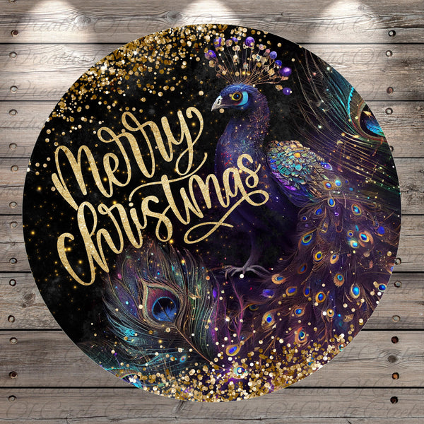 A circular design featuring a peacock with its vibrant feathers and the text "Merry Christmas" written in gold cursive.