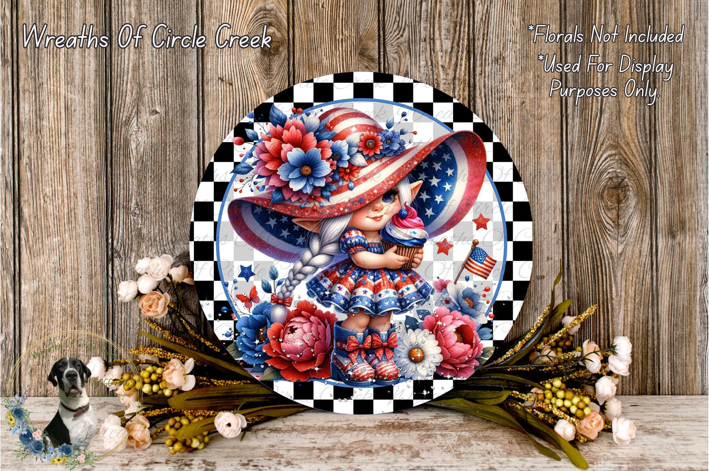 a decorative plate with a patriotic theme, including a young girl wearing a hat and surrounded by flowers and foliage.