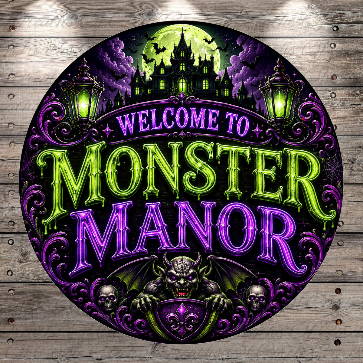 a circular sign with a dark, spooky, and Gothic-inspired design. The sign prominently displays the text "MONSTER MANOR" in a large, illuminated font, surrounded by various Gothic-style elements such as bats, skulls, and a castle. The overall design has a dark and mysterious atmosphere, suggesting a theme related to horror, Gothic architecture, or a supernatural setting.
