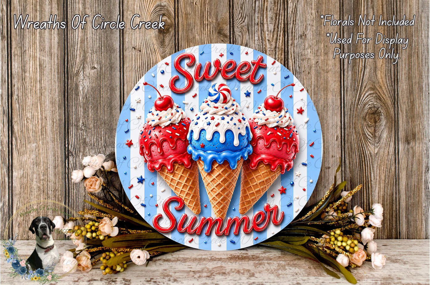 a decorative sign with three colorful ice cream cones and the text "Sweet Summer" written on it, surrounded by flowers and a wooden background.