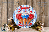a decorative sign with three colorful ice cream cones and the text "Sweet Summer" written on it, surrounded by flowers and a wooden background.