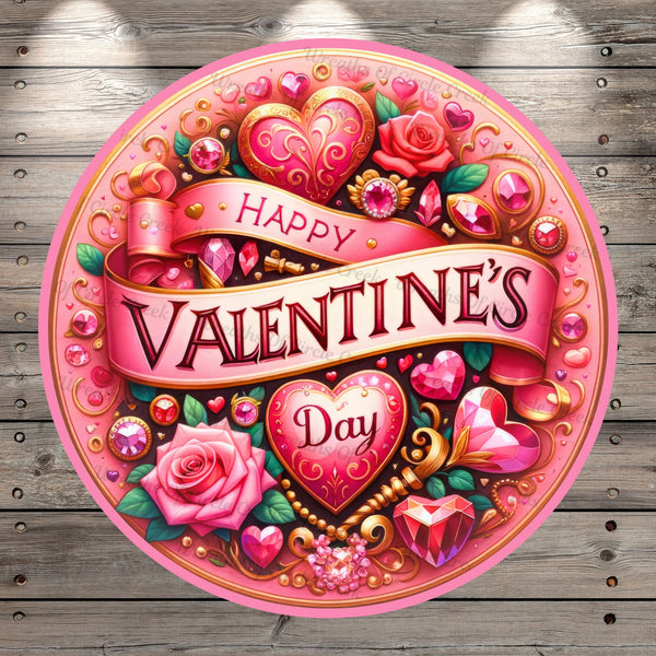 Happy Valentine's Day, Roses, Jewels, Hearts, Pink, Gold, Round, Light Weight, Metal Wreath Sign, No Holes In Sign