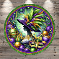 Mardi Gras, Lady, Top Hat, Gold, Purple, Green, Round, Light Weight, Metal Wreath Sign, No Holes
