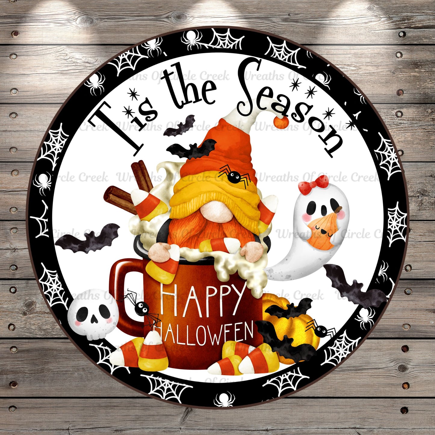 Tis The Season, Happy Halloween Gnome, Round, Light Weight, Metal Wreath Sign, No Holes In Sign
