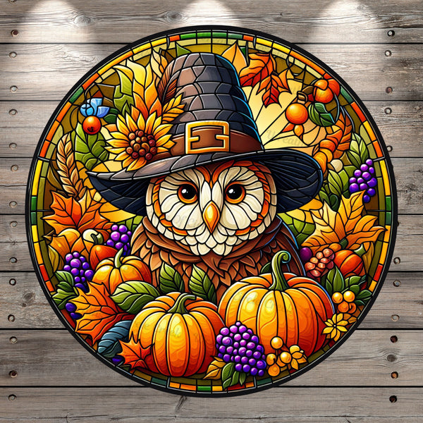 Fall Owl, Thanksgiving, Harvest, Faux Stain Glass Print, Round, Light Weight, Metal Wreath Sign, No Holes In Sign