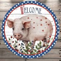 Welcome Farm Pig, Florals, Star Border, Light Weight, Metal Wreath Sign, Round, No Holes