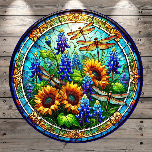 Dragonflies & Sunflowers| Lightweight Round Metal Wreath Sign | Faux Stained Glass | Bluebonnets | No Holes In Sign