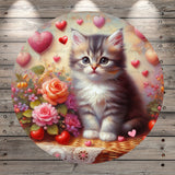Kitten, Whimsical, Floating Hearts, Flowers, Light Weight, Metal Wreath Sign, No Holes,  UV Coated