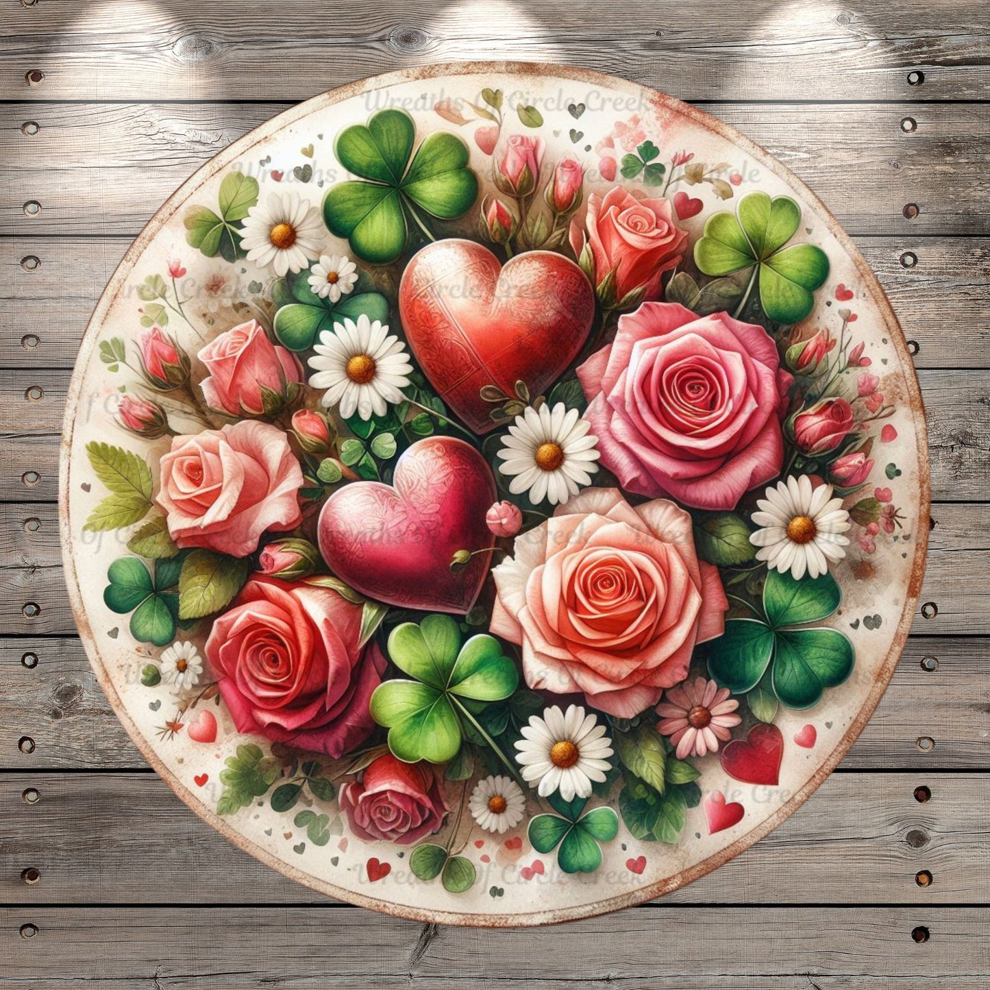 Vintage, Valentine and St. Patrick’s Day, Florals, Hearts, Clovers,  Round, Light Weight, Metal Wreath Sign, No Holes, UV Coated