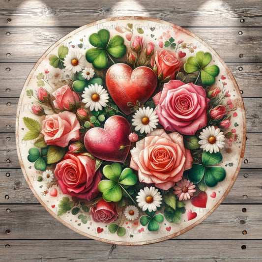 Vintage, Valentine and St. Patrick’s Day, Florals, Hearts, Clovers,  Round, Light Weight, Metal Wreath Sign, No Holes, UV Coated