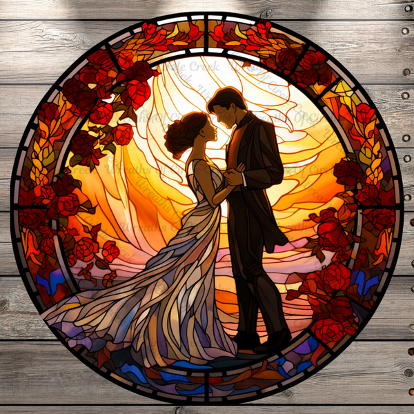 Wedding Couple 2, Fall Wedding, Stain Glass Print, Round UV Coated, Metal Sign, No Holes