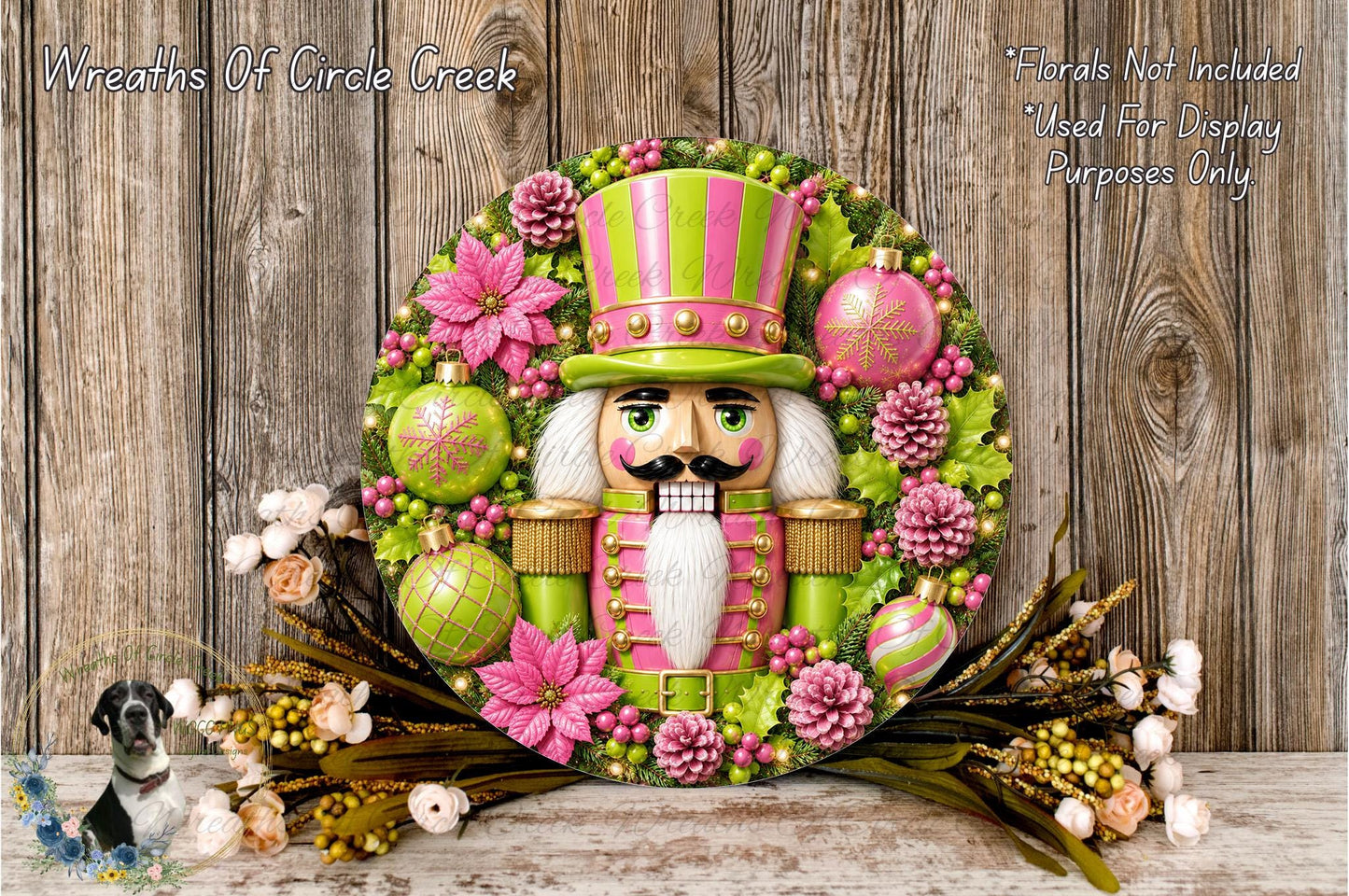 A wreath made of various colorful and decorative elements, including a nutcracker figure, flowers, and ornaments, displayed on a wooden surface.