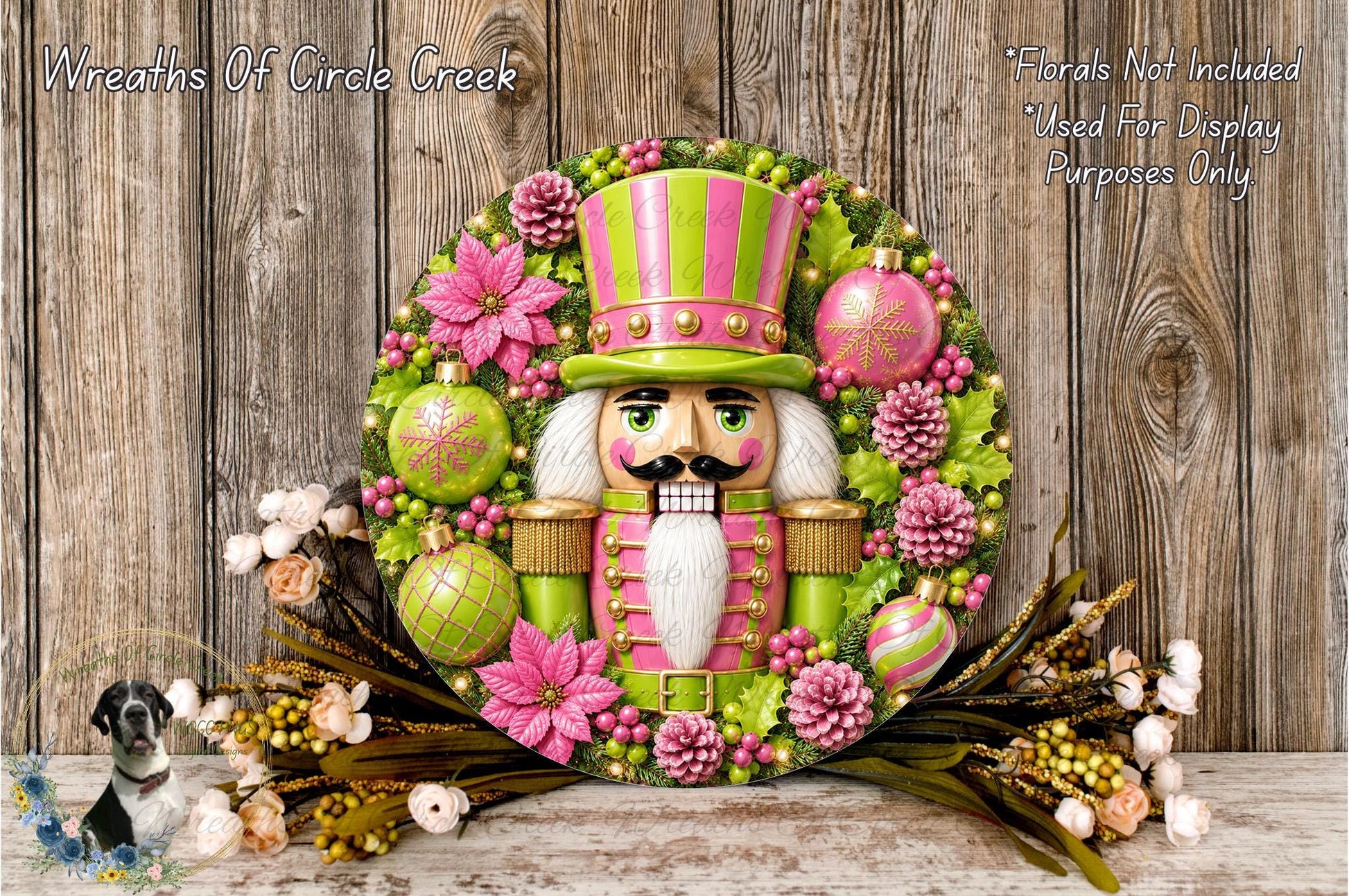 A wreath made of various colorful and decorative elements, including a nutcracker figure, flowers, and ornaments, displayed on a wooden surface.