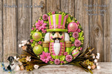 A wreath made of various colorful and decorative elements, including a nutcracker figure, flowers, and ornaments, displayed on a wooden surface.
