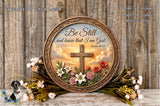 a wooden plaque with a cross and floral decorations, placed on a wooden surface.