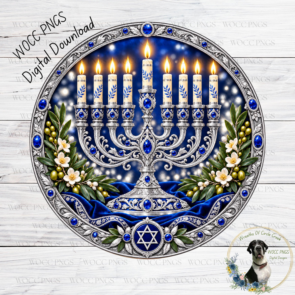 A digital illustration of a Hanukkah menorah with lit candles, surrounded by blue and white floral decorations, and a Star of David.