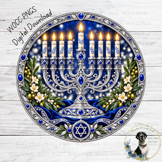 A digital illustration of a Hanukkah menorah with lit candles, surrounded by blue and white floral decorations, and a Star of David.