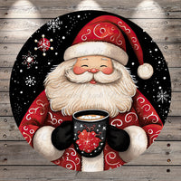 A cheerful Santa Claus holding a mug of hot chocolate, surrounded by snowflakes and a festive winter scene.