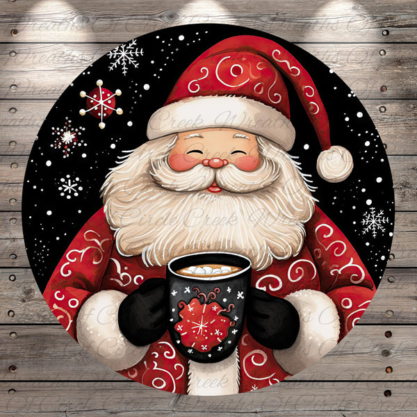 A cheerful Santa Claus holding a mug of hot chocolate, surrounded by snowflakes and a festive winter scene.