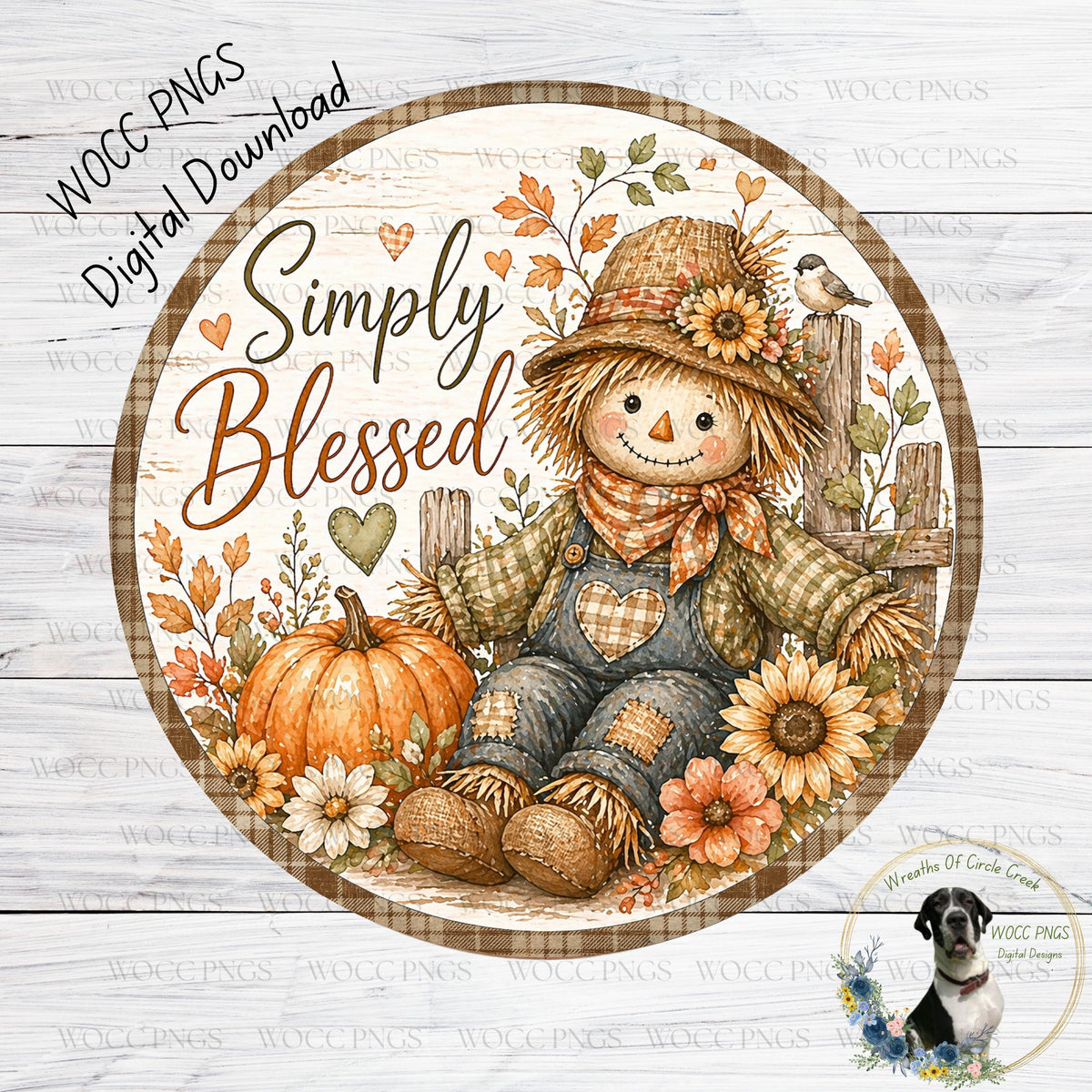 A round, decorative image featuring a scarecrow, a pumpkin, and flowers, with the text "Simply Blessed" written on it.