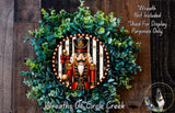 A wreath featuring a nutcracker nutcracker figure surrounded by greenery, with a wooden background.