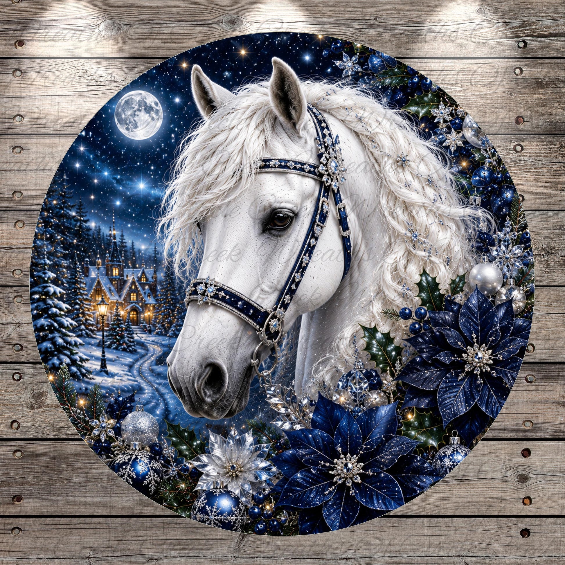 A white horse with a blue bridle is surrounded by a wreath of blue flowers and snowflakes, with a snowy village and full moon in the background.