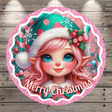 Christmas Elf, Girl, Pink and Teal, Candy Land, Merry Christmas, Retro, Pink Glitter, Border, Round, Light Weight, Metal, Wreath Sign, No Holes In Sign