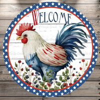 Welcome Farm Rooster, Florals, Star Border, Light Weight, Metal Wreath Sign, Round, No Holes