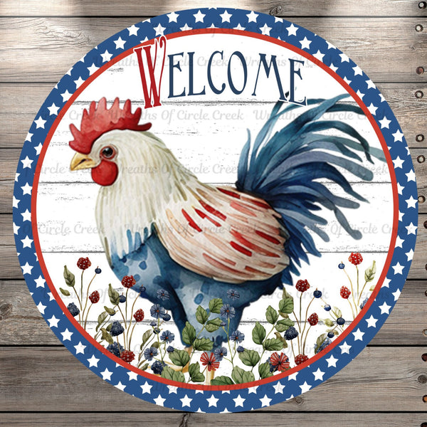 Welcome Farm Rooster, Florals, Star Border, Light Weight, Metal Wreath Sign, Round, No Holes