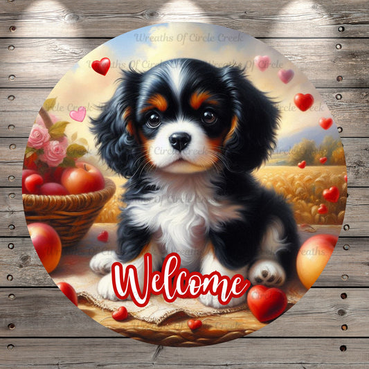 King Charles Cavalier, Black and White Puppy, Hearts, Valentines, Florals, Whimsical, Round, Light Weight, Metal Wreath Sign, No Holes,  UV Coated
