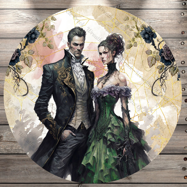 Vampire Couple, Green Dress, Halloween, Wedding, Vintage, Victorian, Round UV Coated, Metal Sign, No Holes