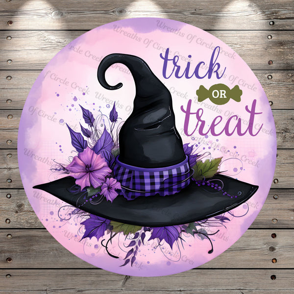 Witch Hat, Trick Or Treat, Purple, Halloween, Round, Light Weight, Metal Wreath Sign, No Holes In Sign