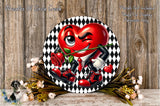 a heart-shaped character with a mischievous expression, wearing a suit and tie, holding a rose and surrounded by flowers.