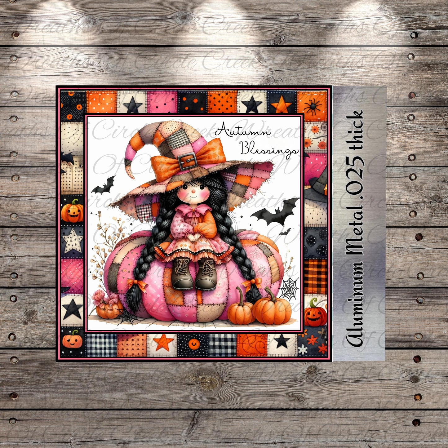 A Halloween-themed illustration featuring a young girl dressed as a witch, sitting on a pumpkin and surrounded by various autumn-themed elements such as pumpkins, bats, and stars.