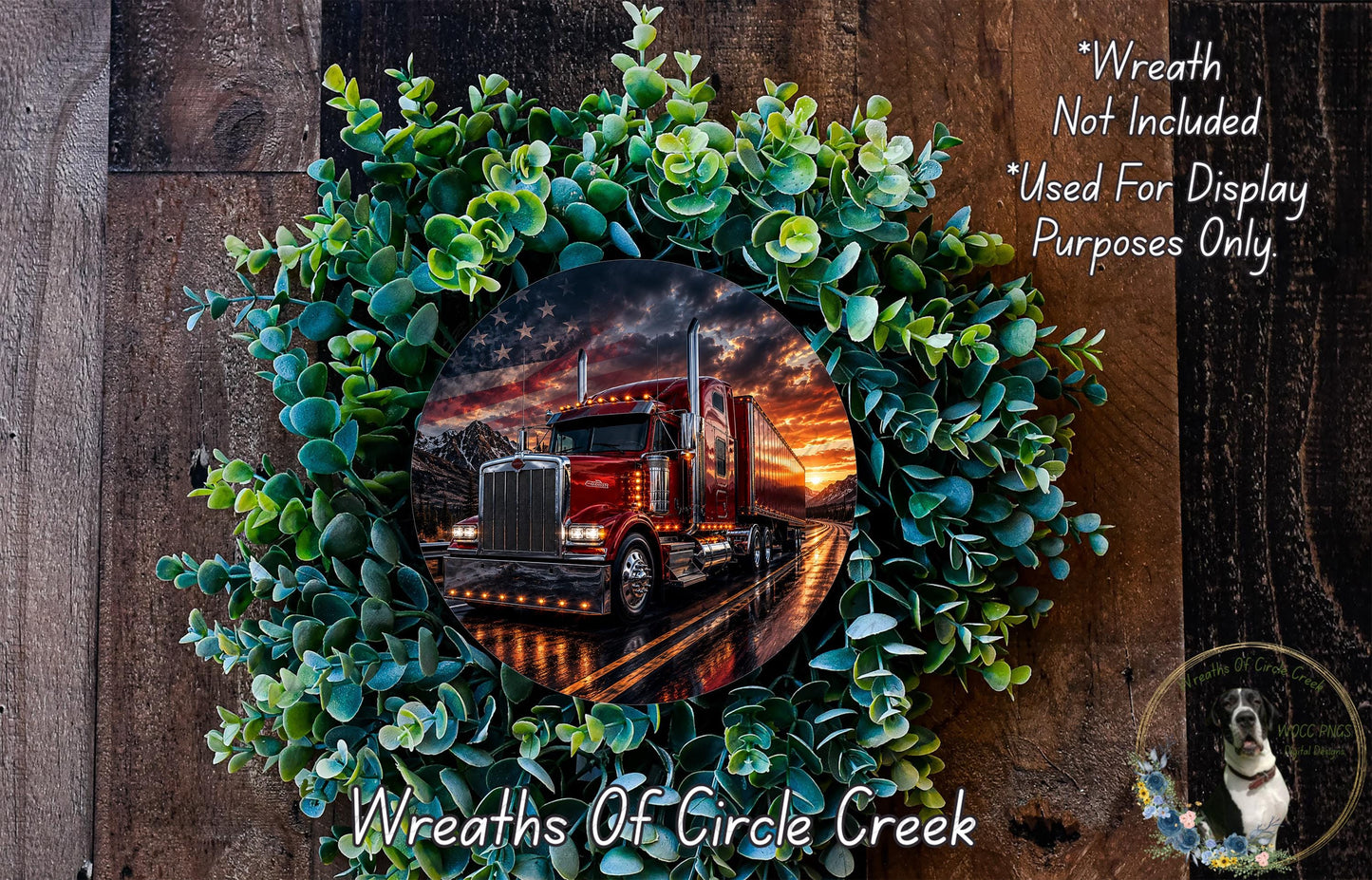 A wreath made of green leaves and a photograph of a red semi-truck driving on a road at sunset.