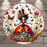 A whimsical illustration depicting a ladybug-like character surrounded by a vibrant array of flowers, butterflies, and other fantastical elements.