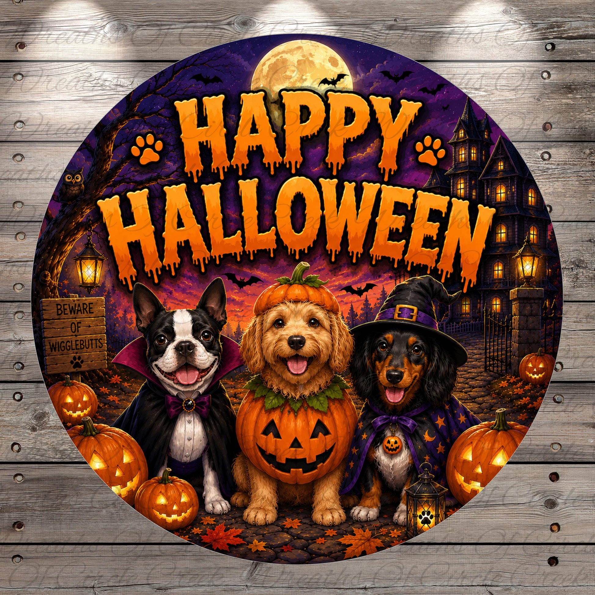 A Halloween-themed illustration featuring three dogs dressed in costumes, with a full moon, bats, and jack-o-lanterns in the background.